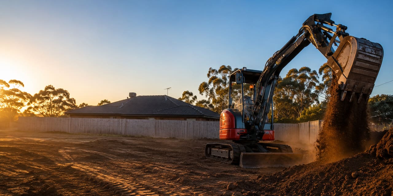 A compact excavator on a cleared suburban block at golden hour, its raised bucket spilling a curtain of soil onto a spoil pile.