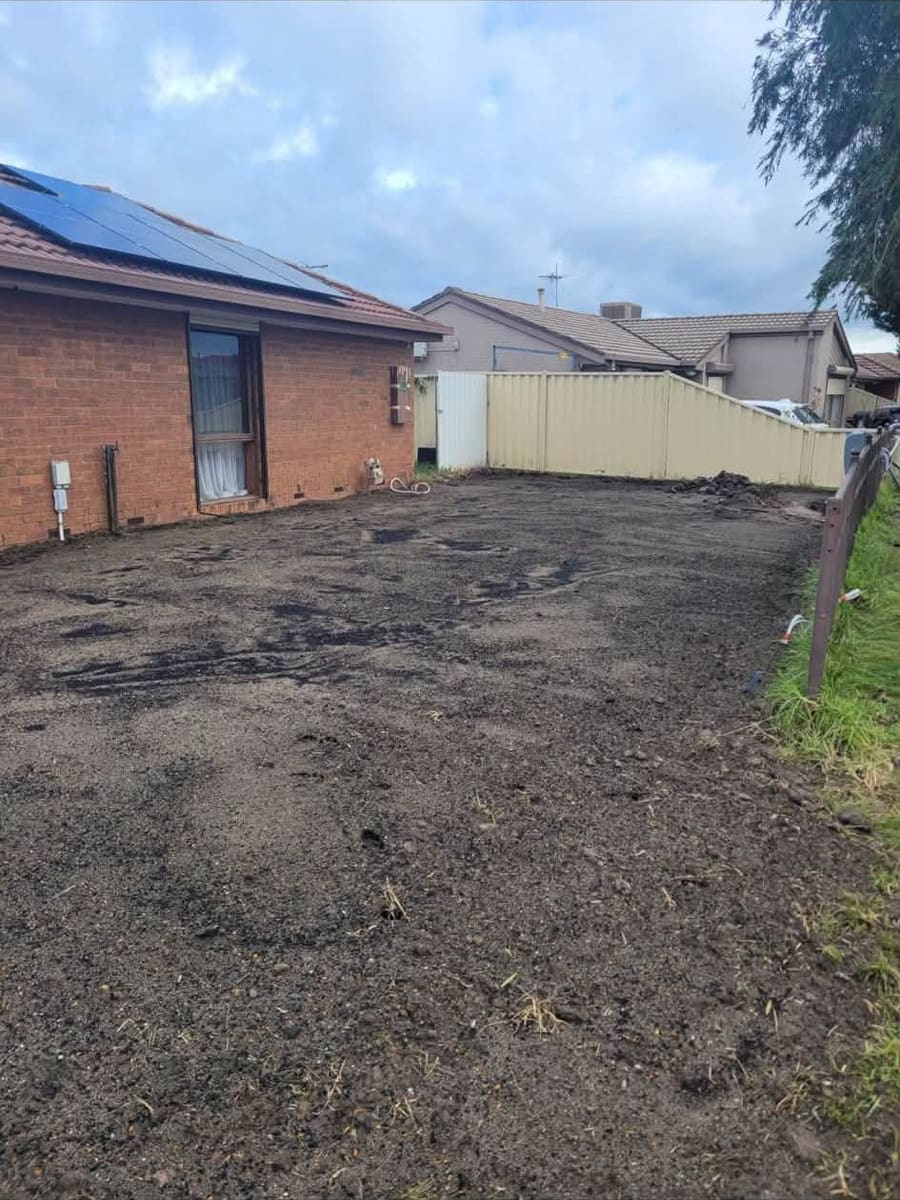 A cleared side yard running from the house wall to the fence, showing the kind of narrow path items are carried out along.