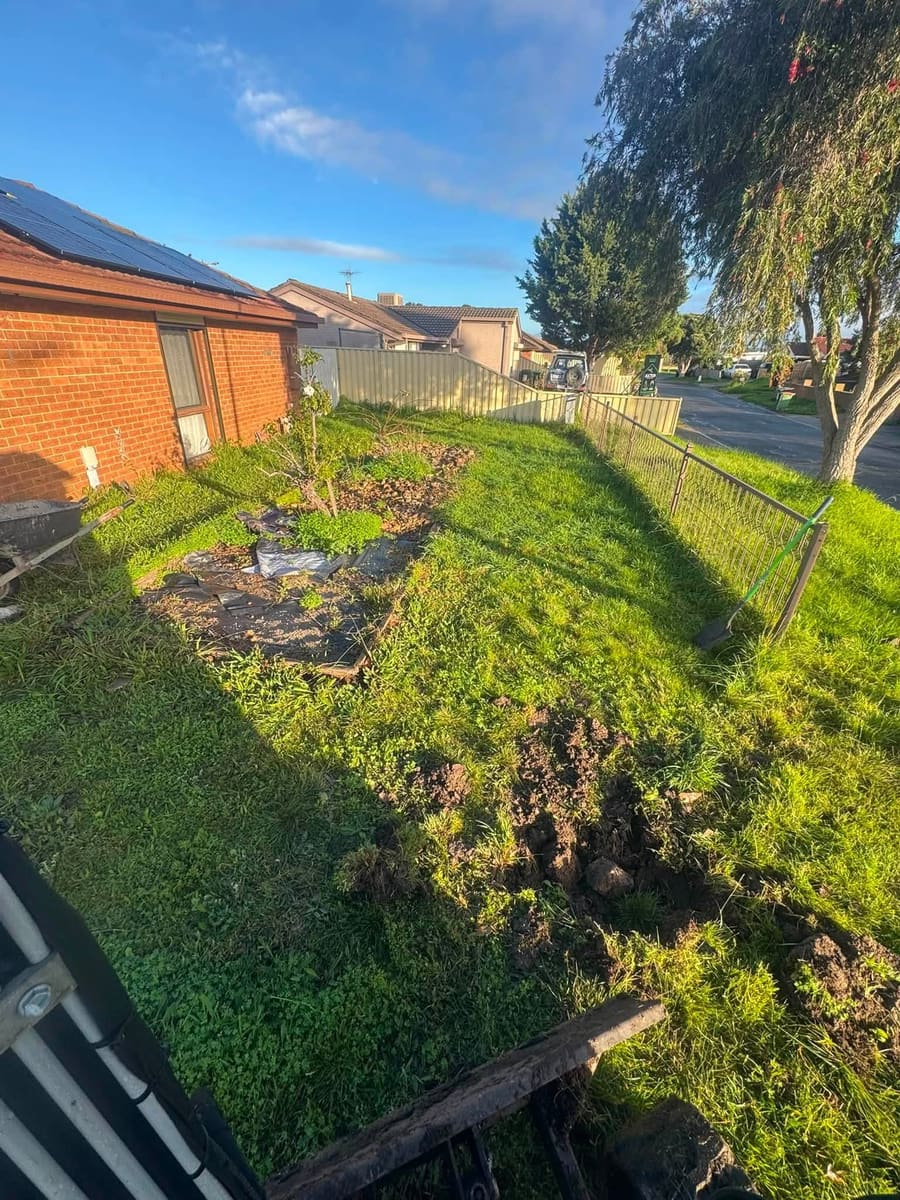 A side yard beside a brick house before clearing, overgrown with long grass and scattered with rubble and old timber.